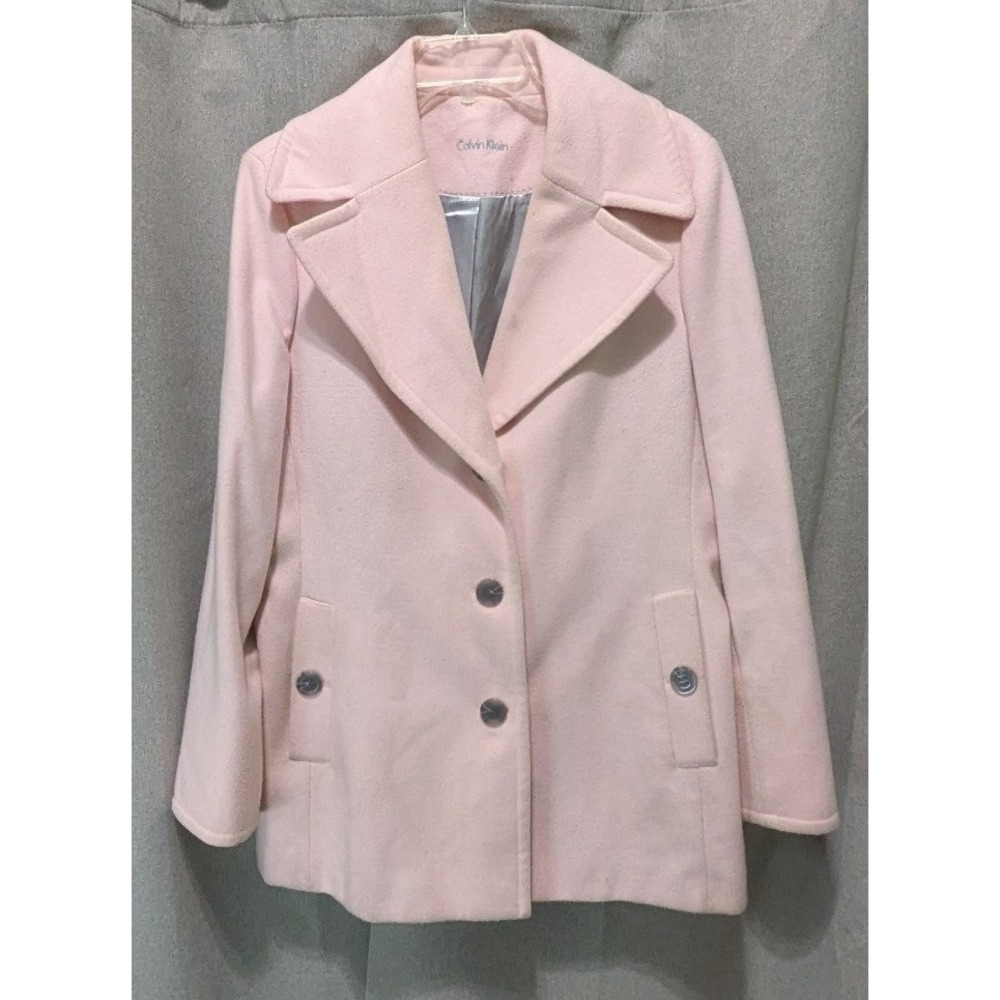 Calvin Klein Pea Coat Women L Pink Fair Single Button Notched Lapel Mid Length